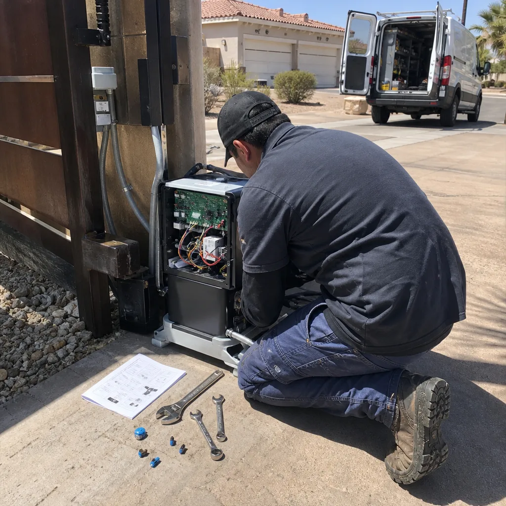 Technician performing professional electric gate repair and maintenance service