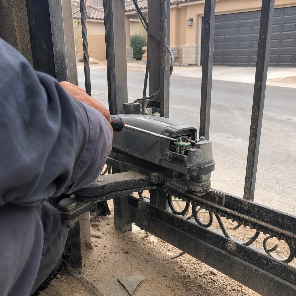 Technician performing professional electric gate repair and maintenance on a sliding gate.