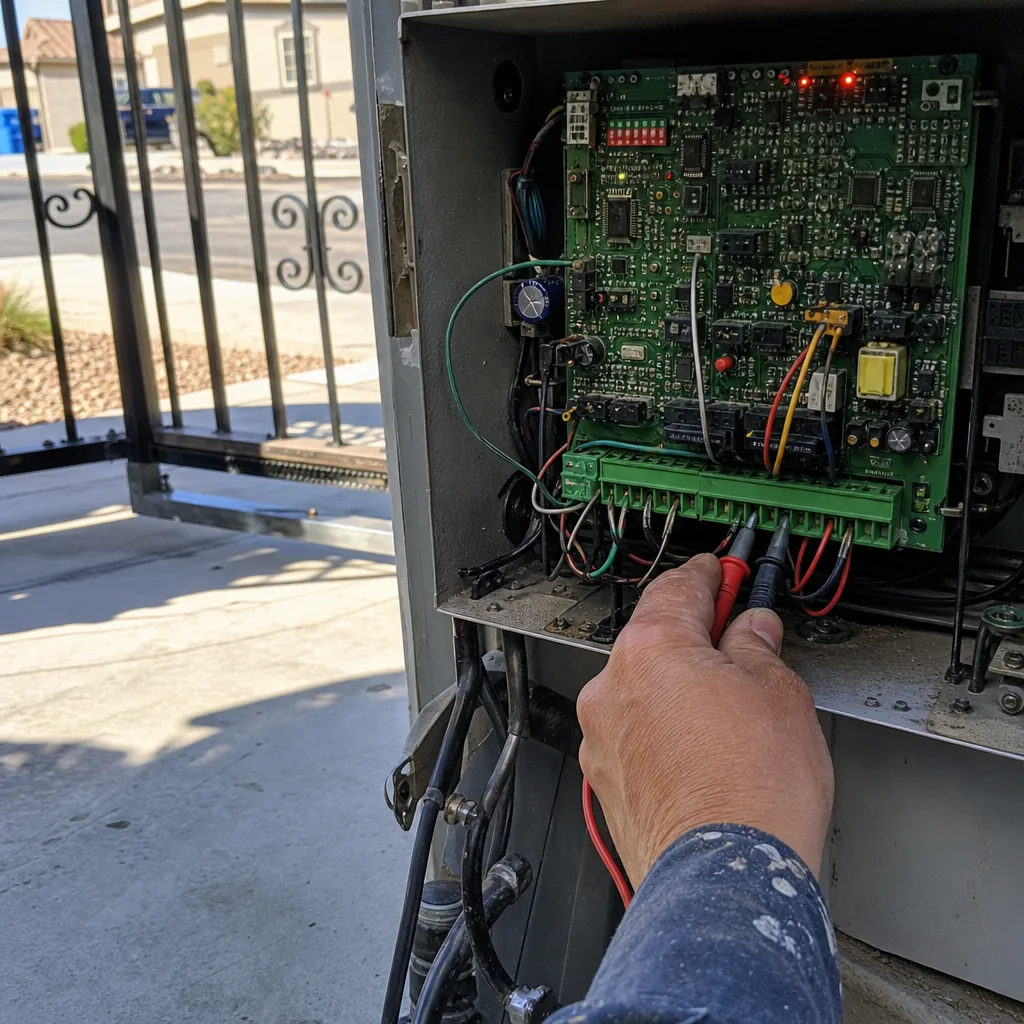 Technician performing professional electric gate repair and circuit board diagnostics