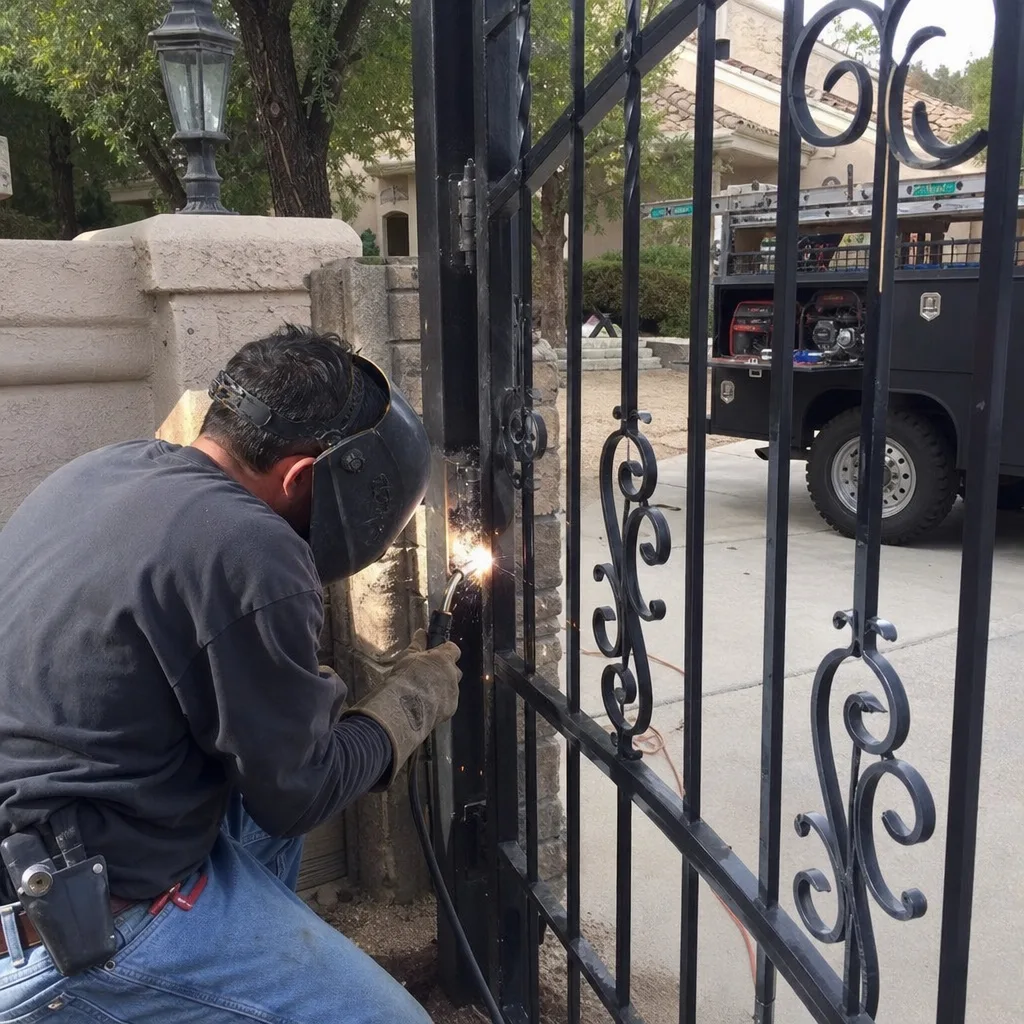 Professional welder performing on-site metal gate repair and maintenance services