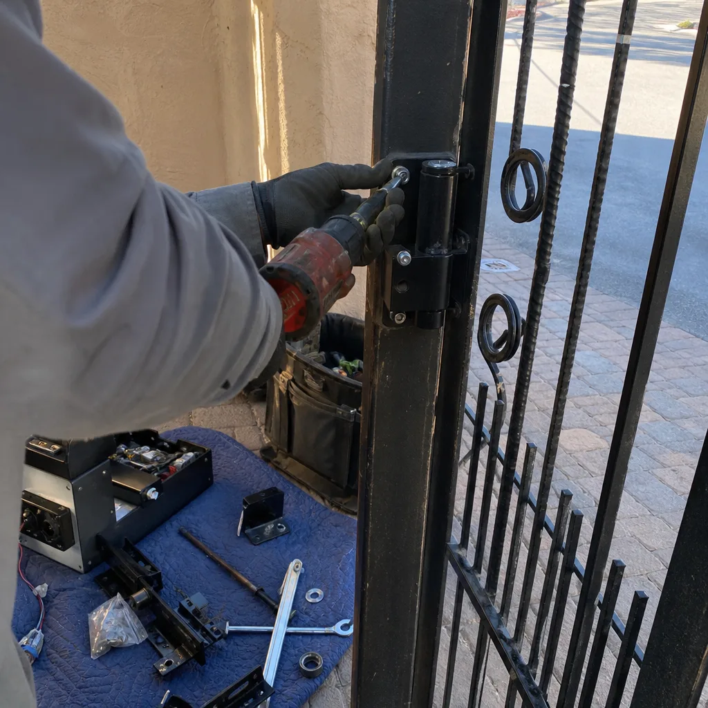 Technician using a power drill to install a metal gate hinge