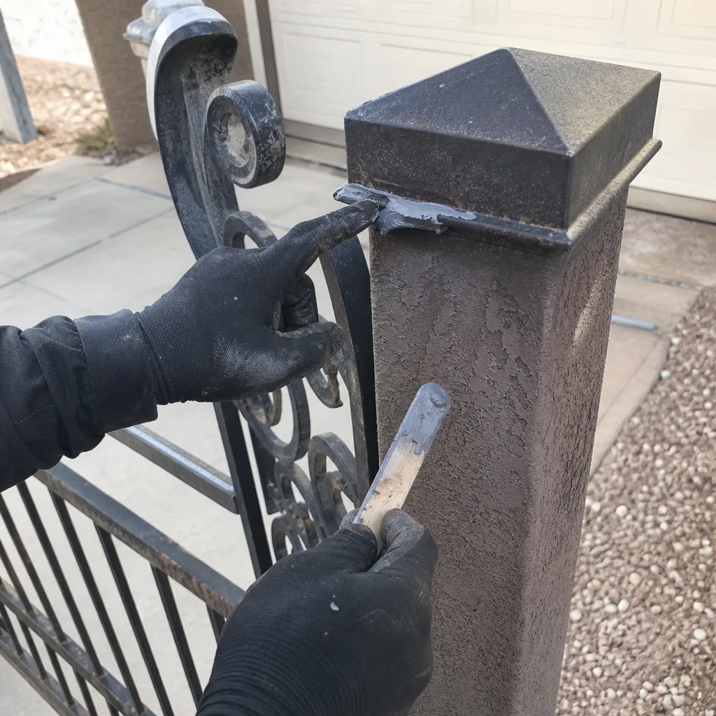 Technician repairing a metal gate post cap with sealant